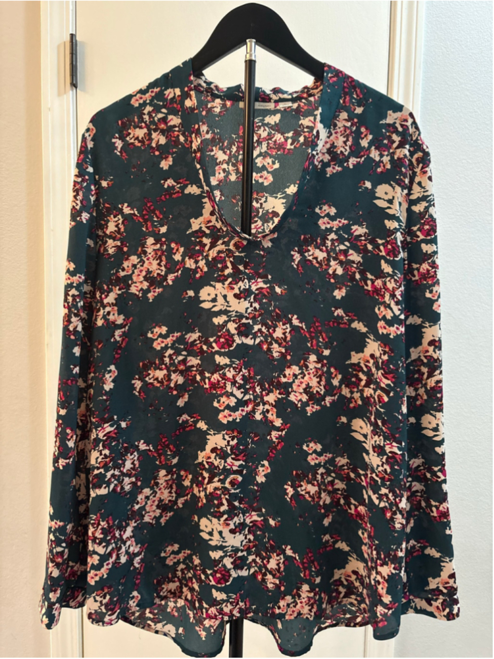 Halogen Nordstrom Dark Teal Pink Floral Chiffon Blouse Top Size XL